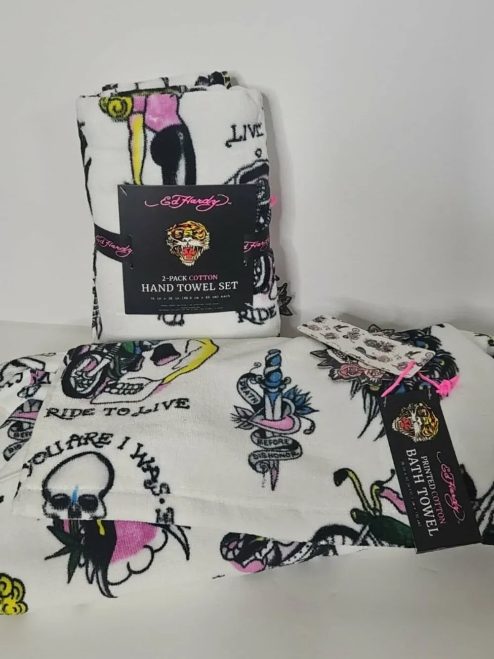 Ed Hardy NWT 3-Piece Towel Set Tattoo Skull Biker Y2K White Cotton